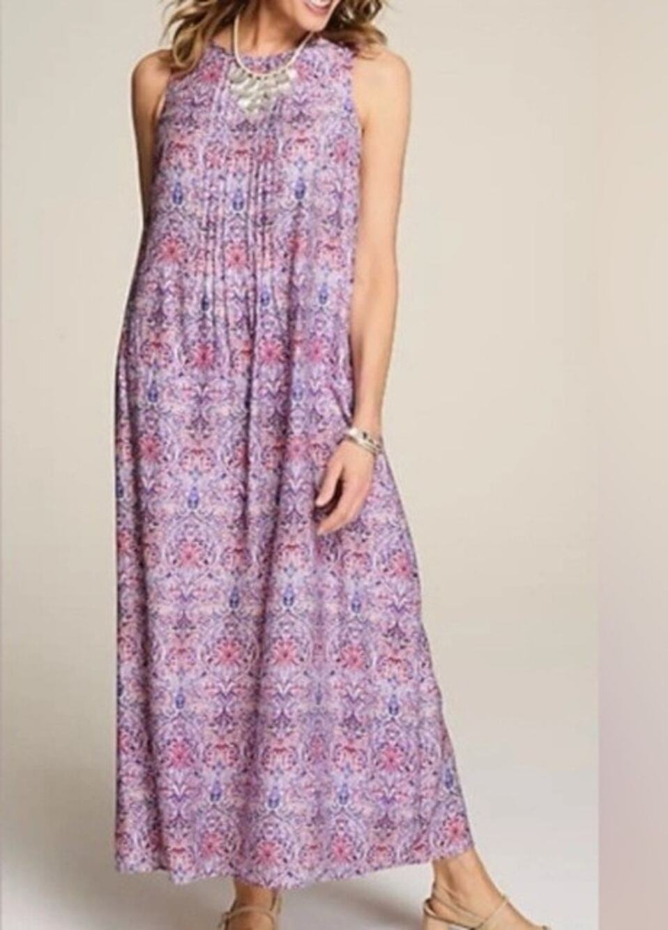 J. Jill NWOT Sleeveless Pintuck Maxi Dress Sz M Lavender Paisley Americana